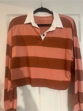 SO Pink and Rust Striped Rugby Pullover with White Collar
